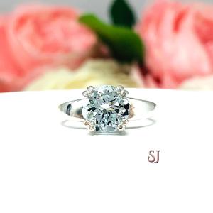 Genuine Aquamarine Solitaire Ring - 8mm round gemstone - Sterling silver double prong setting