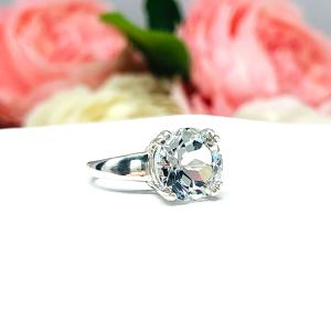 Natural White Topaz Round Solitaire Ring - Sterling silver setting