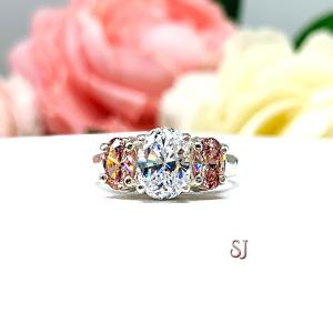 Swarovski Morganite Pink Oval CZ 3 Stone CZ Engagement Ring