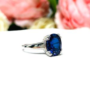 Lab Blue Sapphire Oval Double Prong Ring