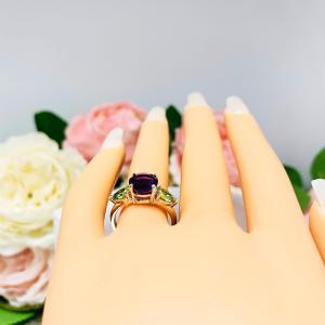 Natural African Amethyst Peridot 3 Stone Ring - Sterling silver setting - Round 8mm amethyst - Pear peridot side stones