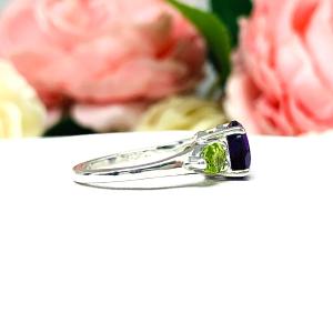 Natural African Amethyst Peridot 3 Stone Ring - Sterling silver setting - Round 8mm amethyst - Pear peridot side stones