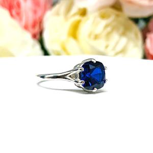 Lab Blue Sapphire 8mm Cushion Ring