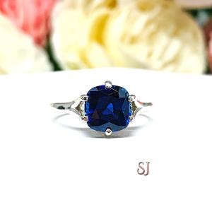 Lab Blue Sapphire 8mm Cushion Ring