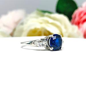 Round Lab Blue Sapphire Pear CZ 3 Stone Sterling Silver Ring