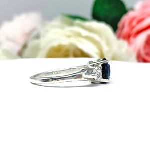 Round Lab Blue Sapphire Pear CZ 3 Stone Sterling Silver Ring