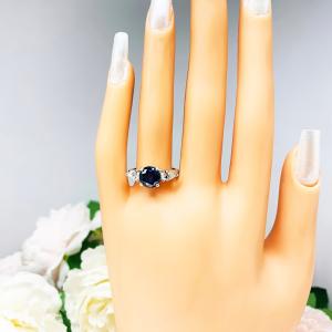 Round Lab Blue Sapphire Pear CZ 3 Stone Sterling Silver Ring