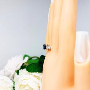 Round Lab Blue Sapphire Pear CZ 3 Stone Sterling Silver Ring