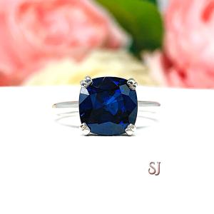 Lab Blue Sapphire Cushion Solitaire Ring