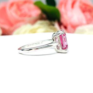 Lab Padparadscha Sapphire Emerald Cut Ring Sterling Silver Double Prong Size 6