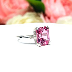 Lab Padparadscha Sapphire Emerald Cut Ring Sterling Silver Double Prong Size 6