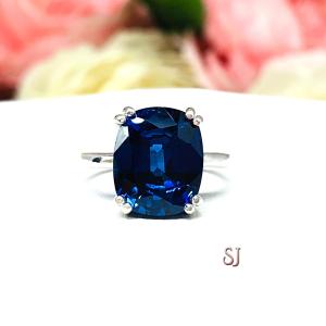 Lab Blue Sapphire Elongated Cushion Ring Double Prong 12x10mm Size 6