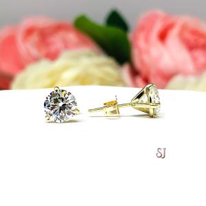 Round CZ Martini Gold Stud Earrings White or Near Colorless Cubic Zirconia