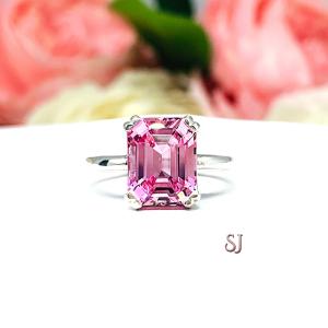 Lab Padparadscha Sapphire Emerald Cut Ring Sterling Silver Double Prong Size 6