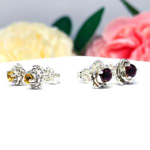 Birthstone Rose Sterling Silver Stud Earrings - 3mm or 4mm round gemstones