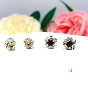 Birthstone Rose Sterling Silver Stud Earrings - 3mm or 4mm round gemstones