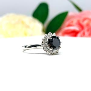 Black Moissanite Halo Engagement Ring - 5mm-8mm Round - Sterling silver cluster setting