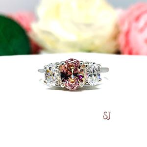 Swarovski Morganite Pink Oval CZ 3 Stone CZ Engagement Ring