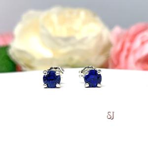 Round Lab Blue Sapphire September Birthstone Basket Stud Earrings