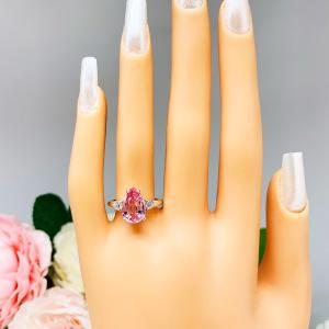 Lab Padparadscha Pink Sapphire Pear Ring Round CZ Accents