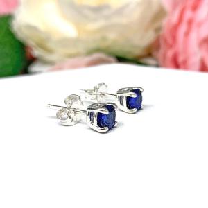 Round Lab Blue Sapphire September Birthstone Basket Stud Earrings