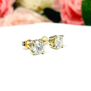 14k Gold Moissanite Stud Earrings – Round brilliant DEF VVS stones – Six size options – Solid yellow, white, or rose gold