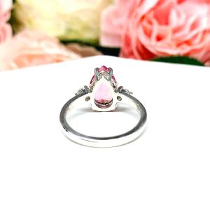 Lab Padparadscha Pink Sapphire Pear Ring Round CZ Accents