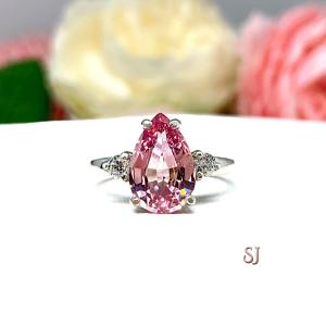 Lab Padparadscha Pink Sapphire Pear Ring Round CZ Accents