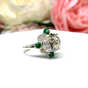 Round CZ Lab Created Emerald Engagement Ring - Round Brilliant - Old European Cut - Art Deco - Sterling Silver