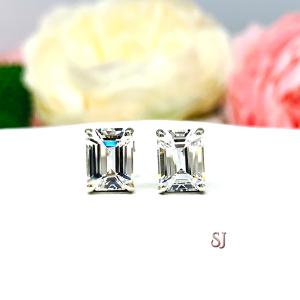 Lab White Sapphire Emerald Cut Stud Earrings