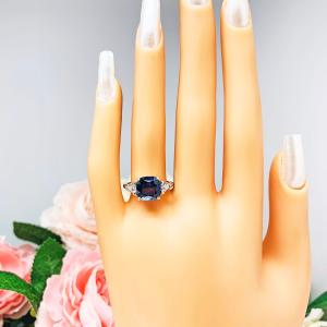 Lab Blue Sapphire Cushion Cut CZ Trillions Ring