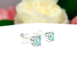 Aquamarine Blue Moissanite Stud Earrings – 1 carat total weight – Round lab-grown stones in Sterling Silver or Gold Settings