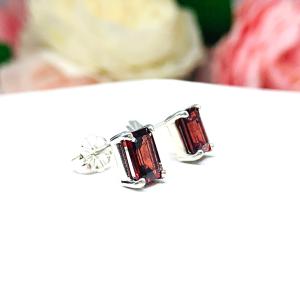 Red Garnet Emerald Cut Stud Earrings - Mozambique garnet gems - Sterling silver basket settings - January birthstone gift