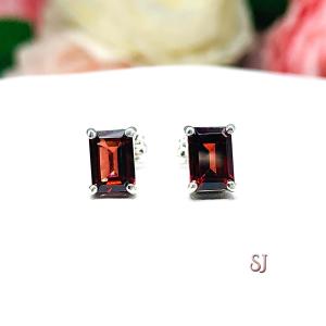 Red Garnet Emerald Cut Stud Earrings - Mozambique garnet gems - Sterling silver basket settings - January birthstone gift