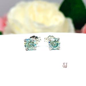 Aquamarine Blue Moissanite Stud Earrings – 1 carat total weight – Round lab-grown stones in Sterling Silver or Gold Settings