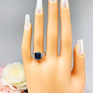 Lab Blue Sapphire Emerald Cut Trillion CZ Ring
