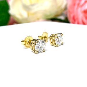Moissanite 14k Yellow Gold Stud Earrings - 7mm (2.5 Cts) authentic moissanites - Solid gold settings - FREE 3RD DAY UPS