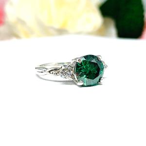 Emerald Green Moissanite 3 Stone Ring – Sterling Silver Milgrain Twist Band – White Moissanite Accents