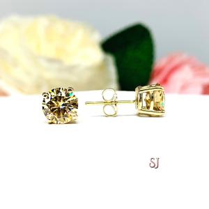 Champagne Moissanite 14k Gold Stud Earrings - 6.5mm, 7mm round authentic stones