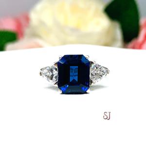 Lab Blue Sapphire Emerald Cut Trillion CZ Ring