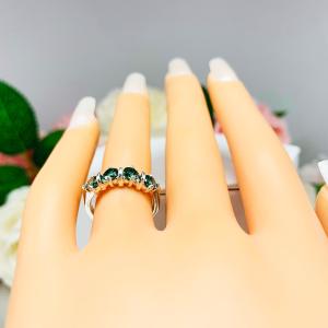 Emerald Green Moissanite Ring – 4 Stone Sterling Silver Band – Genuine Moissanites