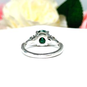 Emerald Green Moissanite 3 Stone Ring – Sterling Silver Milgrain Twist Band – White Moissanite Accents