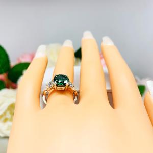 Emerald Green Moissanite 3 Stone Ring – Sterling Silver Milgrain Twist Band – White Moissanite Accents