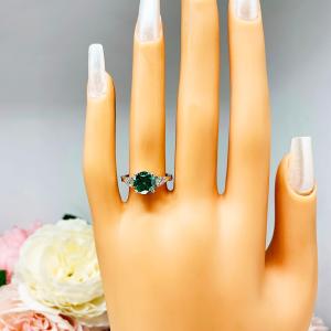 Emerald Green Moissanite 3 Stone Ring – Sterling Silver Milgrain Twist Band – White Moissanite Accents