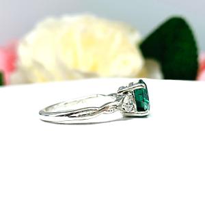 Emerald Green Moissanite 3 Stone Ring – Sterling Silver Milgrain Twist Band – White Moissanite Accents