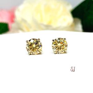 Champagne Moissanite 14k Gold Stud Earrings - 6.5mm, 7mm round authentic stones