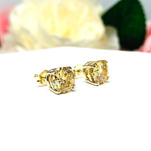 Champagne Moissanite 14k Gold Stud Earrings - 6.5mm, 7mm round authentic stones
