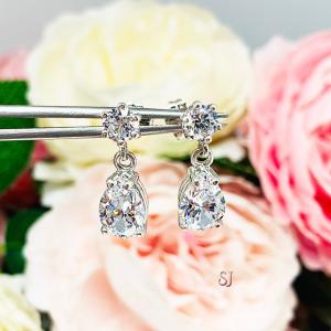 Round Pear CZ Six Prong Drop Earrings