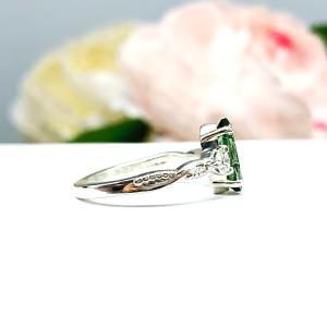 Green Tourmaline Marquise Ring Size 6 - Moissanite side stones - Twist milgrain sterling silver setting