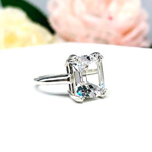 Lab White Sapphire Emerald Cut Ring Double Prong